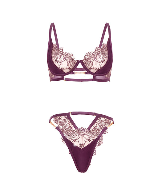 Loretta Floral Embroidered Unlined Underwire Bra & Panty w/Rhinestone Detail - Burgundy LG