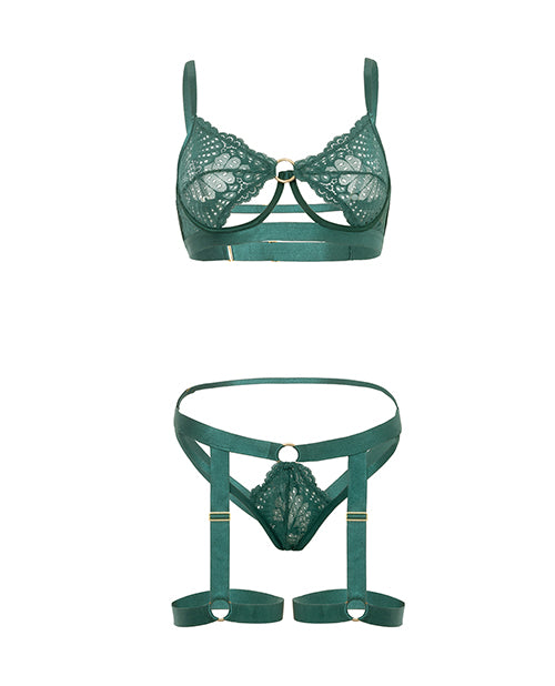 Darlene Unlined Underwire Lace 2 pc Set w/Gartered Panty & Straps - Green L/XL