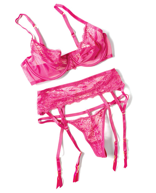 Julia Lace & Mesh 3 pc Set w/G-String - Rose S/M