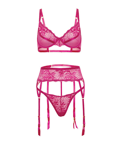 Julia Lace & Mesh 3 pc Set w/G-String - Rose S/M