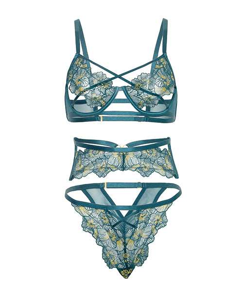 Daphne Lace Underwire 3 pc Set w/Embroidered Trim & Crossing Elastics - Blue SM