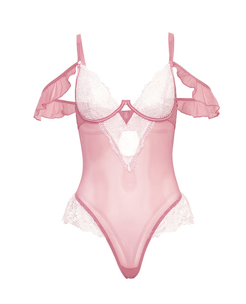 Cassandra Lace & Mesh Teddy w/Ruffle Details - Pink & White SM