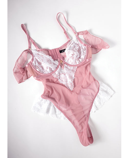 Cassandra Lace & Mesh Teddy w/Ruffle Details - Pink & White SM