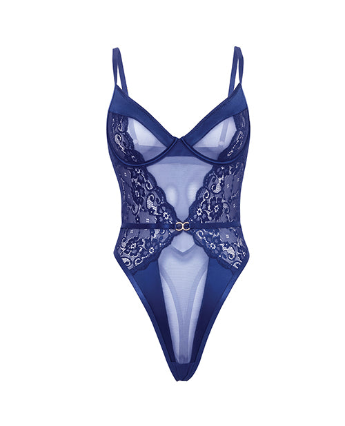 Doreen Lace & Mesh Unlined Underwire Teddy w/Double Ring Detail - Navy S/M