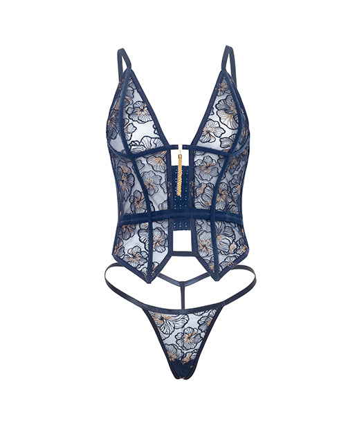 Bleu Floral Embroidered Boned Bustier w/Chain Tassel & G-String - Navy XL