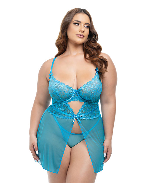 Emma Floral Lace & Mesh Underwire Babydoll w/G-String 2 pc Set - Beach Blue 1X