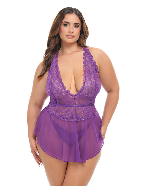 Harmony V-Plunge Lace & Mesh Babydoll w/G-String - Purple S/M