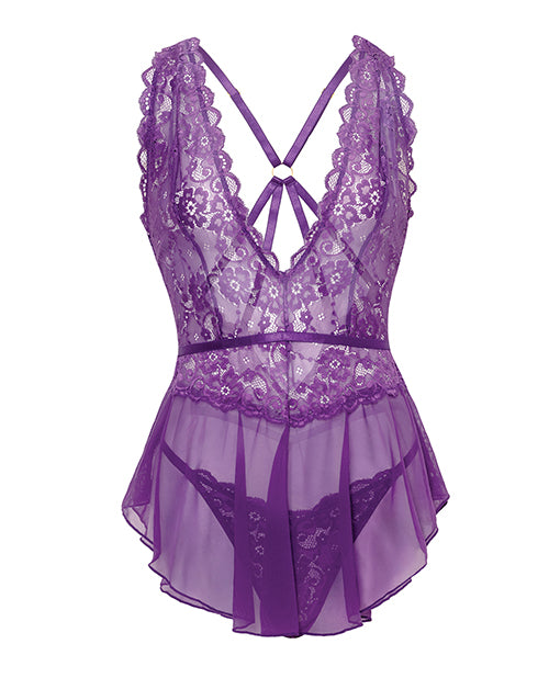 Harmony V-Plunge Lace & Mesh Babydoll w/G-String - Purple S/M