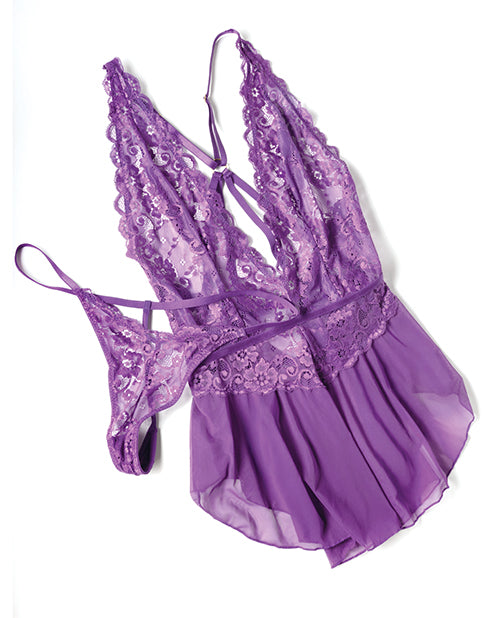 Harmony V-Plunge Lace & Mesh Babydoll w/G-String - Purple S/M