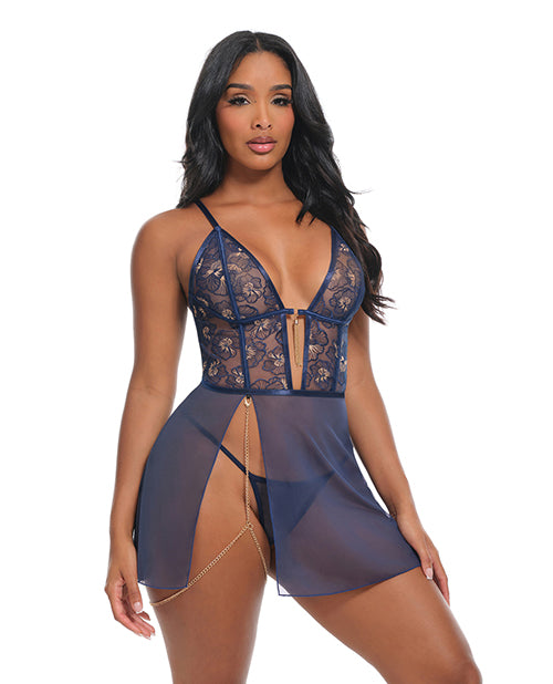 Bleu Floral Embroidered V-Plunge Babydoll w/Chain Tassel, Chain Garter, & G-String - Navy XL