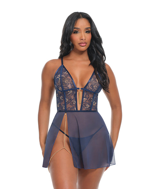 Bleu Floral Embroidered V-Plunge Babydoll w/Chain Tassel, Chain Garter, & G-String - Navy XL