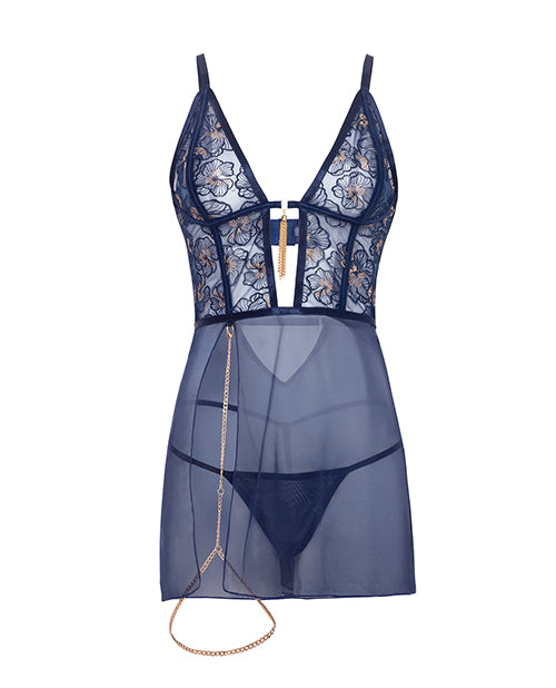 Bleu Floral Embroidered V-Plunge Babydoll w/Chain Tassel, Chain Garter, & G-String - Navy XL