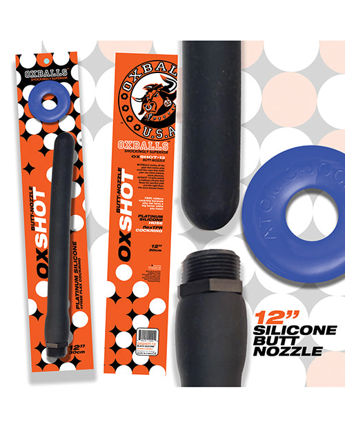 Oxballs Oxshot 12&quot; Silicone Butt Nozzle w/Flex Cockring - Black/Blue