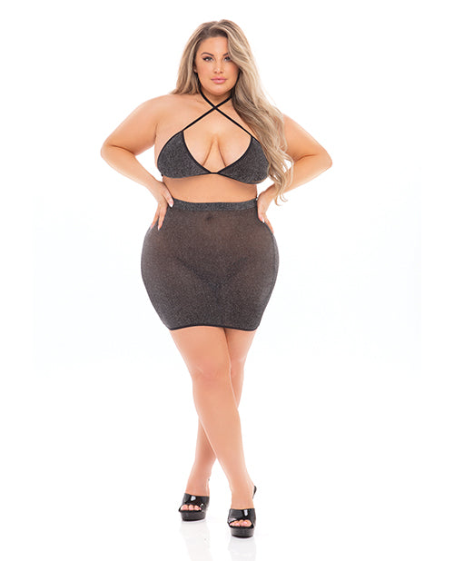 Pink Lipstick Black Cherry Strap Halter Bra &amp; Skirt (Fits up to 3X) Black QN