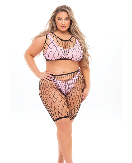 Pink Lipstick Brace for Impact Large Fishnet Top, Shorts, Bra &amp; Thong (Fits up to 3X) PinkQN