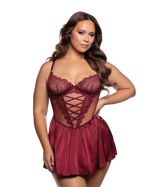 Lace & Satin Babydoll w/Crisscross Detail - Wine XL