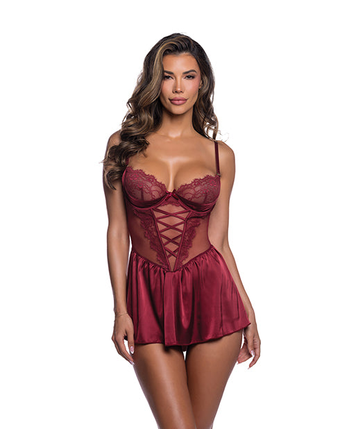 Lace & Satin Babydoll w/Crisscross Detail - Wine XL