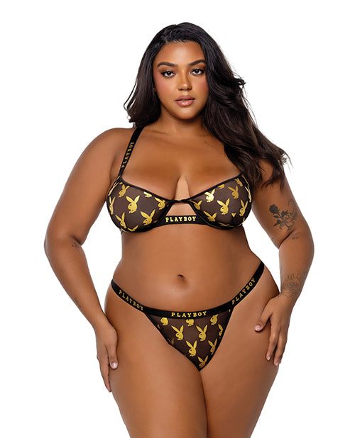 Playboy Gold Foil Mesh &amp; Satin Bralette w/Thong 2 pc Set - Black/Gold 1X