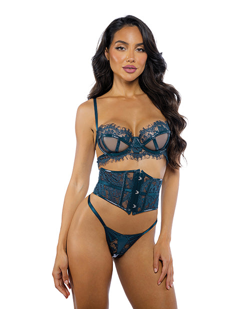 Eden Scalloped Eyelash Lace &amp; Wet Look Waspie 3 pc Set - Teal SM