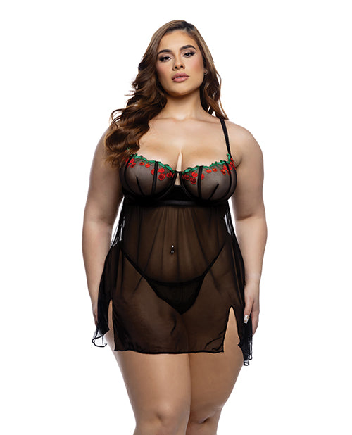 Cherry Delight Embroidered Lace and Mesh Babydoll w/Balconette Cup &amp; Thong 2 pc Set - Black 1X