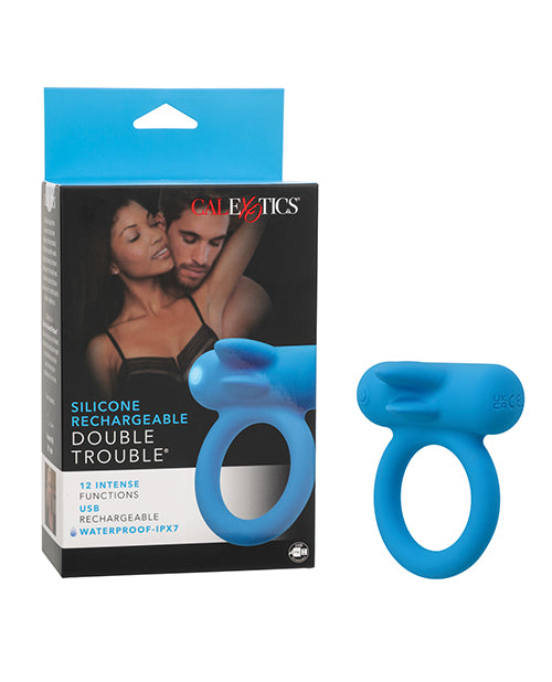 Couple&apos;s Enhancer Silicone Rechargeable Double Trouble Enhancer w/Flickering Dual Teasers - Blue