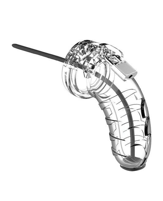 Shots Man Cage 4.5&quot; w/Silicone Urethral Sounding - Clear