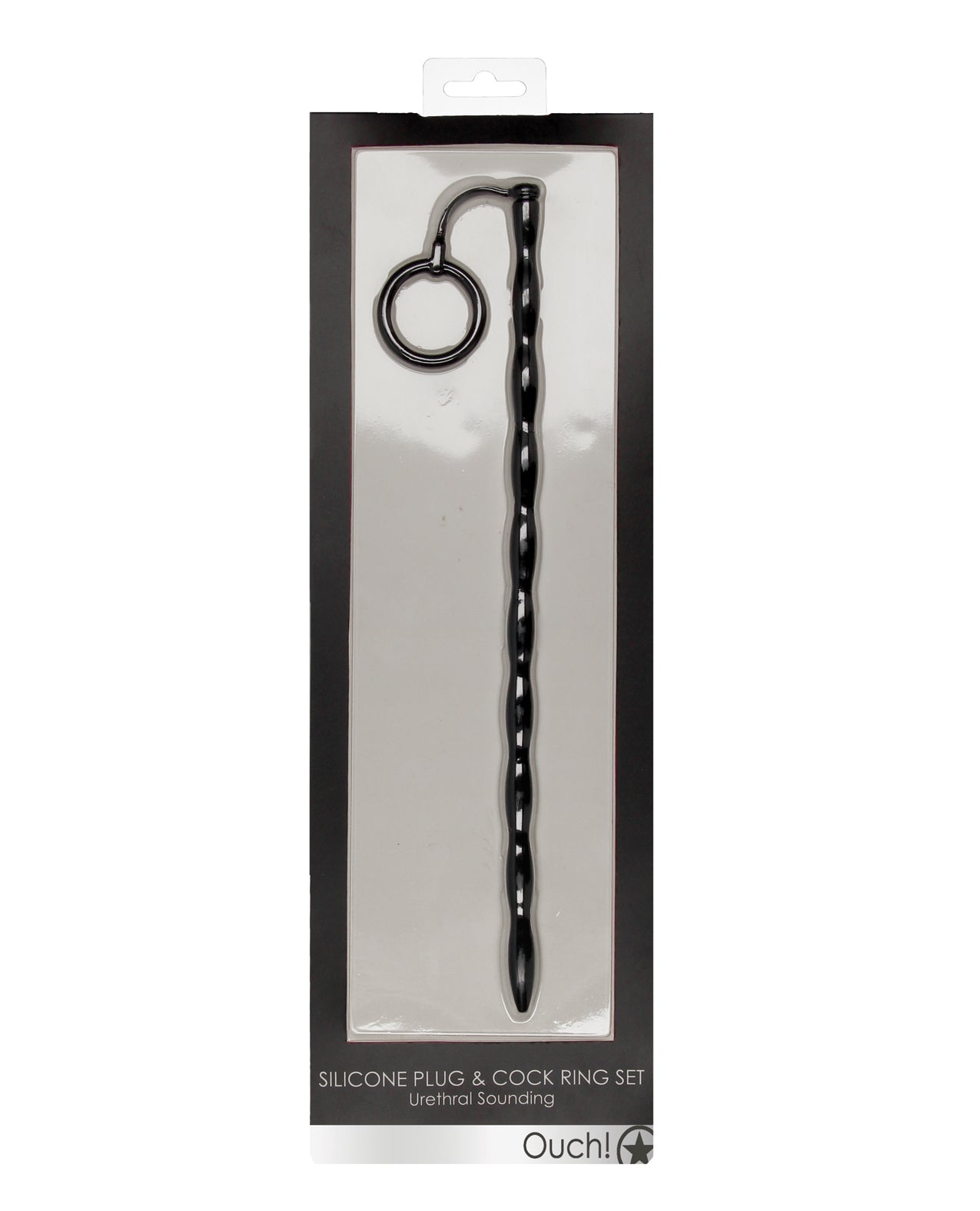 Shots Ouch Urethral Sounding Silicone Plug &amp; Cock Ring Set - Black