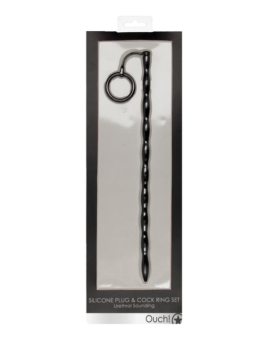 Shots Ouch Urethral Sounding Silicone Plug &amp; Cock Ring Set - Black