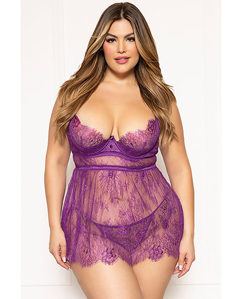 Floral Eyelash Lace Underwire Babydoll w/Thong 2 pc Set - Purple 3X/4X