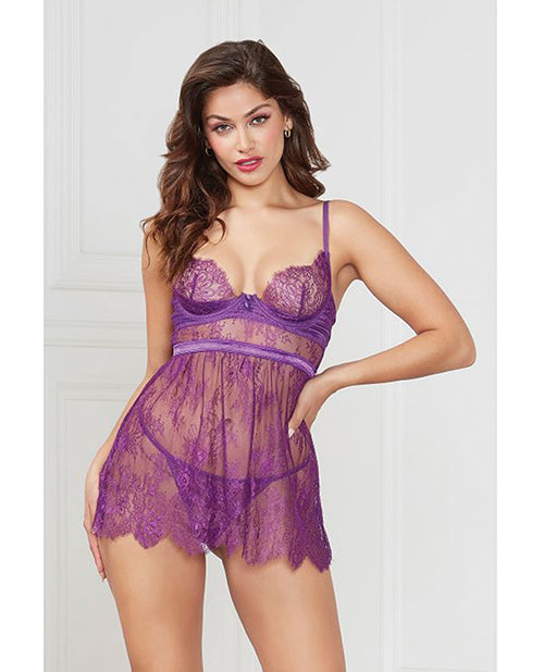 Floral Eyelash Lace Underwire Babydoll w/Thong 2 pc Set - Purple SM