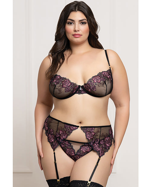 Floral Lace and Mesh Underwire Bra w/Garter &amp; Thong 3 pc Set - Black/Purple 3X/4X