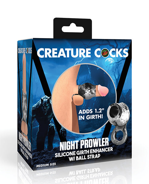 Creature Cocks Night Prowler Silicone Penis Sleeve &amp; Ball Stretcher - Medium, Silver/Black