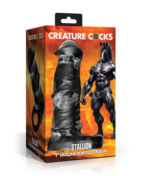 Creature Cocks Stallion 1&quot; Silicone Penis Extension - Black/Silver Large